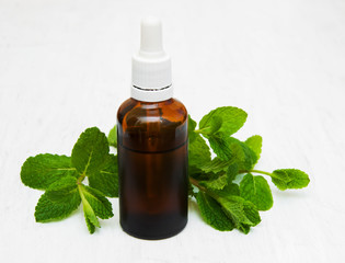Bottle of mint oil and fresh mint
