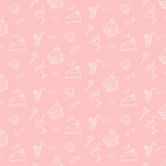 Sweet dessert seamless texture on a pink background, hand drawing doodle. Food and cooking