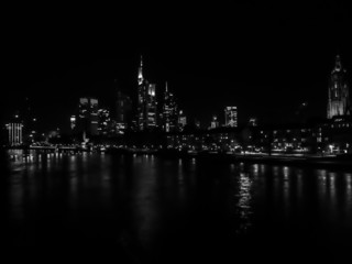 The skyline of Frankfurt, Germany, at night in black and white