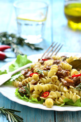 Macaroni (pasta) with meat stew.