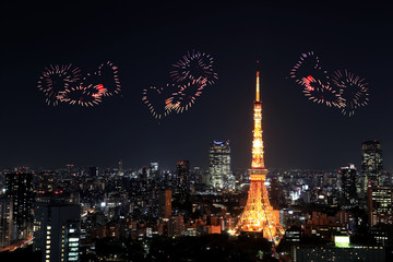 Obraz premium heart sparkle Fireworks celebrating over Tokyo cityscape at nigh