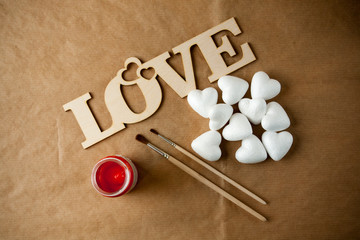 love sign and styrofoam hearts