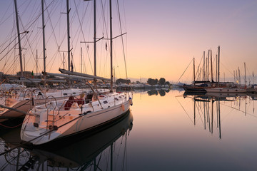 Fototapeta na wymiar Sunset in Alimos marina in Athens, Greece.