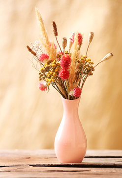 Bouquet Of Dried Flowers In Vase On Color Background