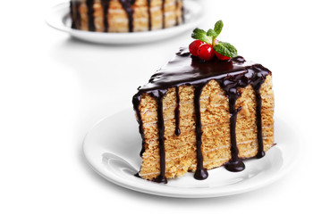 Chocolate cake on white table
