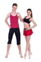couple man and woman exercising fitness posing on white
