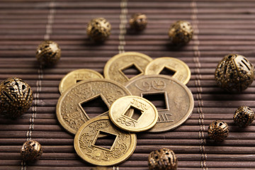 Feng shui coins on table close-up