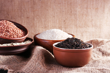 Different kinds of rice in bowls