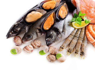 Fresh fish and other seafood isolated on white