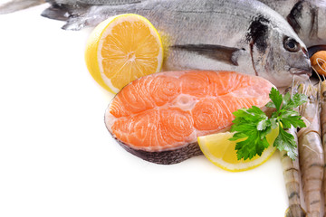 Fresh fish and other seafood isolated on white