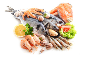 Fresh fish and other seafood isolated on white