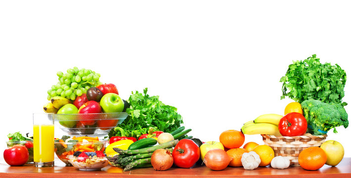 Fruits and vegetables isolated white background.