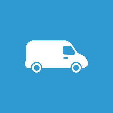 van icon, isolated, white on the blue background.