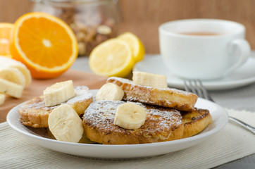 French toast to sweet, with banana sprinkled with sugar