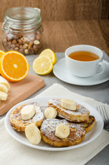 French toast to sweet, with banana sprinkled with sugar