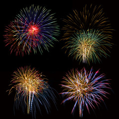 Set of colorful fireworks light on the black sky