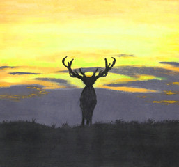 Painting of a silhouette of a large deer