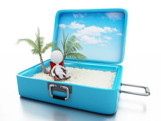 3d white people in a travel suitcase. beach vacation