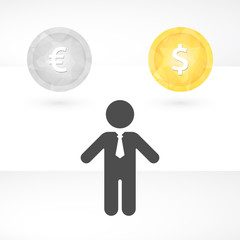 Silhouette of man with tie and the currencies of the dollar and 