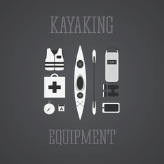 Kayaking equipment icons set. Kayak illustration on a grayscale