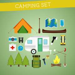 Bright cartoon camping equipment icon set in vector. Recreation,