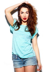 stylish beautiful girl model in casual cloth with red lips