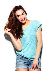 Fototapeta premium stylish beautiful girl model in casual cloth with red lips