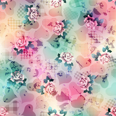 Hearts and roses pattern on grunge blurred background.