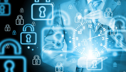 Image of businessman holding clock against illustration