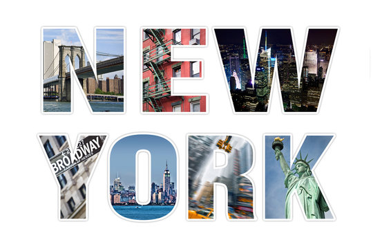 Letters NEW YORK photo collage isolated on white background