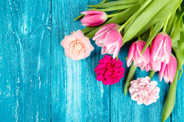 Beautiful pink tulips on blue wood background