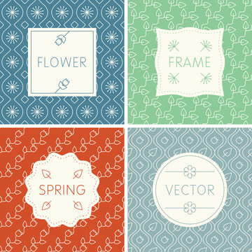Set of outline design frames on seamless floral backgrounds