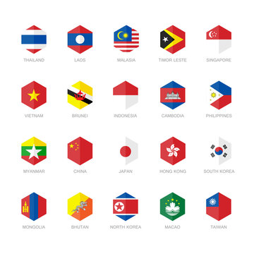 East Asia and South East Asia Flag Icons. Hexagon Flat Design.