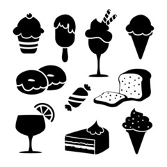 Set of black isolated food icons, desserts, ice creams, vector