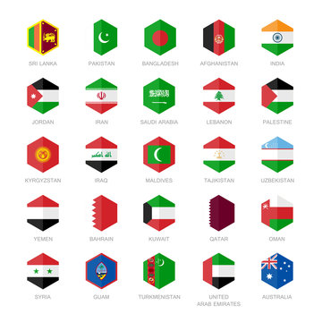 Asia middle east and south Asia Flag Icons. Hexagon Flat Design.