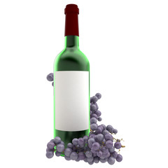 Bottle of wine and grapes on white background