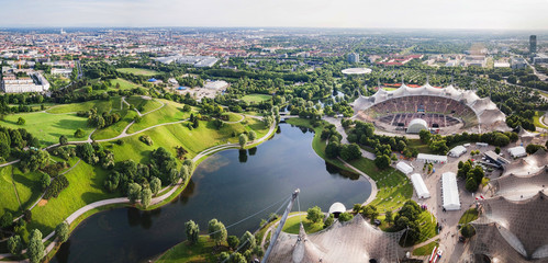 Panoramic view at Stadium of the Olympiapark in Munich,  Germany - obrazy, fototapety, plakaty
