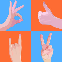 Set of hands icons. Like, peace, rock and okay signs