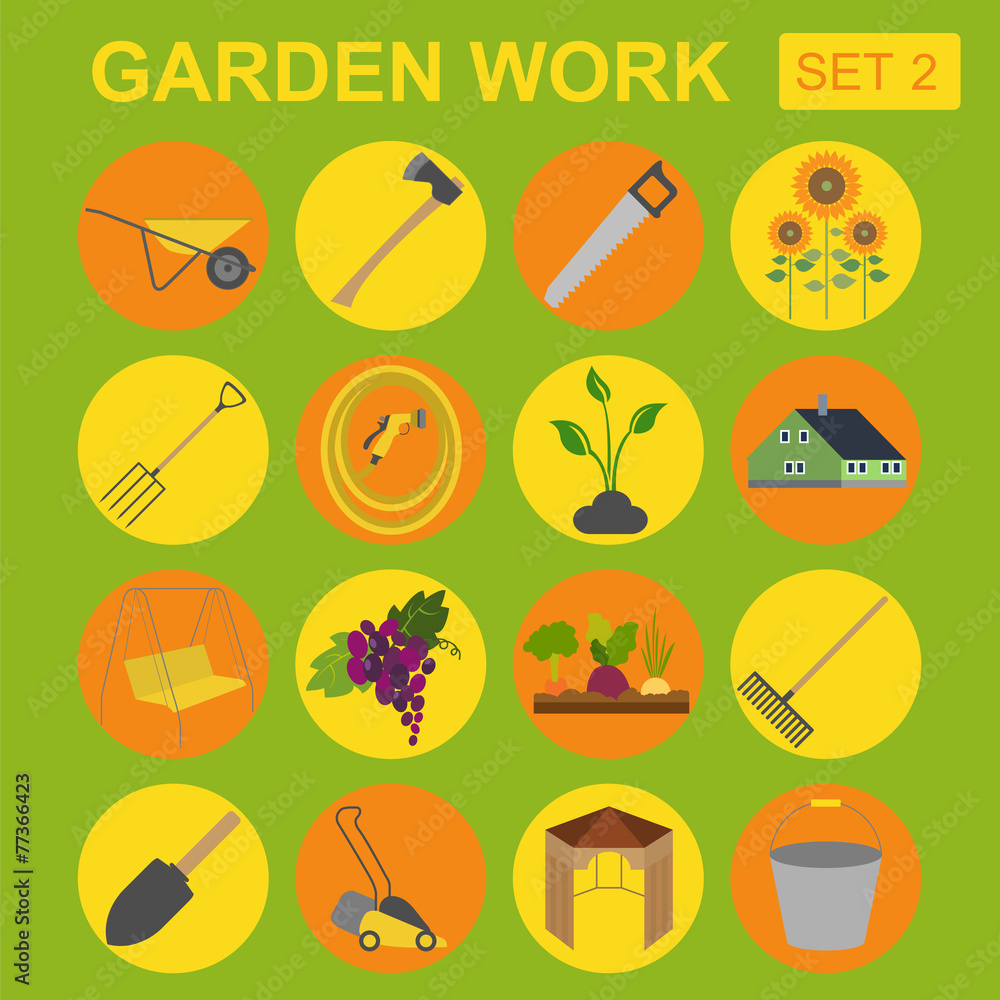 Sticker Garden work icon set. Working tools