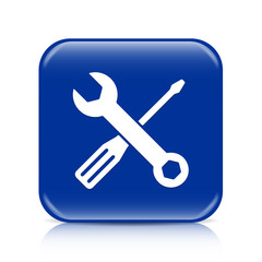 Dark blue screwdriver & spanner button icon with reflection