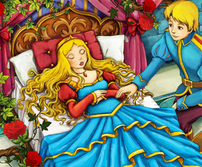 Obraz na płótnie Canvas Cartoon fairy tale illustration - awaking princess
