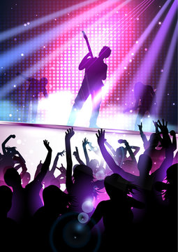 Rock concert party background with silhouettes of dancing people