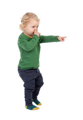 Adorable blond baby indicating something