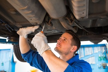 Mechanic examining under the car