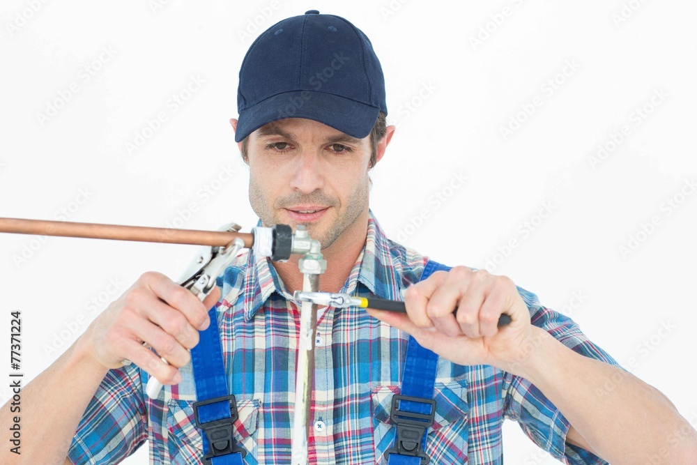 Poster plumber fixing pipe over white background