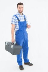 Male repairman carrying toolbox