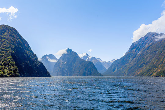 Majestic snow capped peaks of Milford Sound, Fiordland, New Zeal