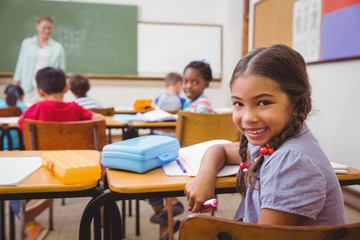 Cute pupil smiling at camera in classroom