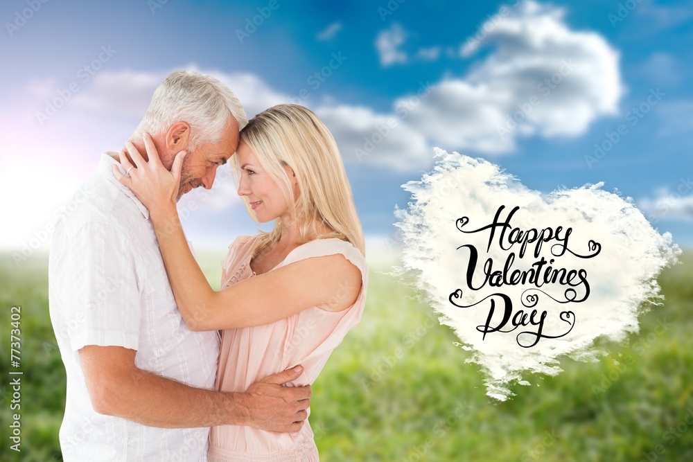 Poster Composite image of affectionate couple standing and hugging