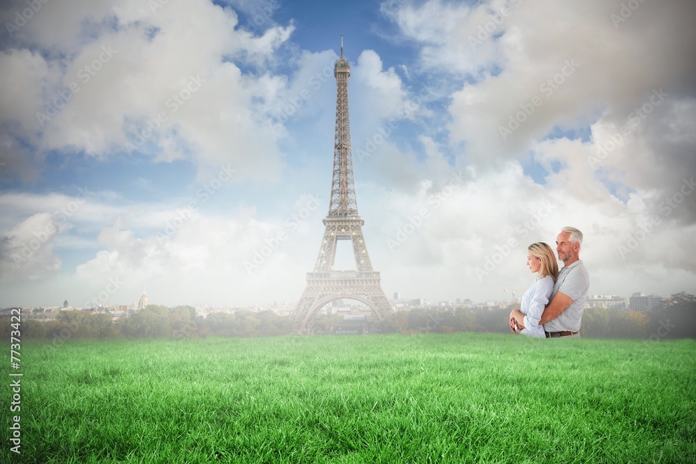 Poster composite image of happy couple smiling and embracing